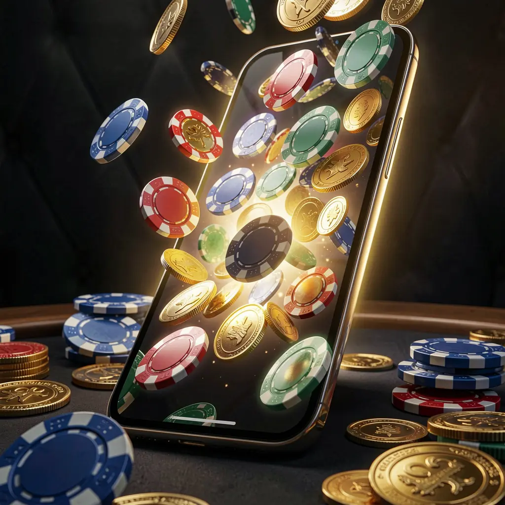 KP 1111 online gaming app displayed on a smartphone screen with glowing casino chips and coins emerging, set against a luxury dark background with cinematic lighting in a high detail 3D render