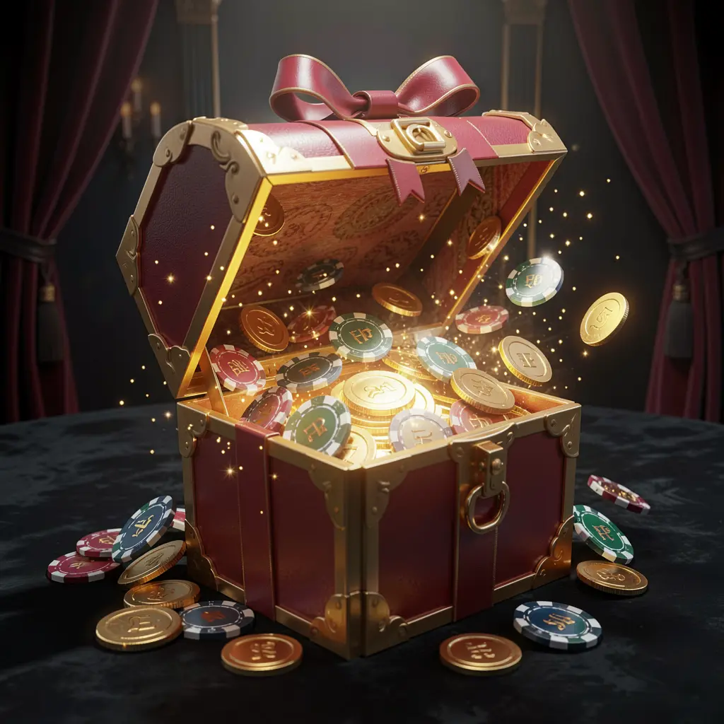 KP 1111 no deposit casino bonus concept featuring a glowing gift box filled with free casino chips and golden coins against a luxury dark background with magical sparkle effects creating an exciting reward atmosphere