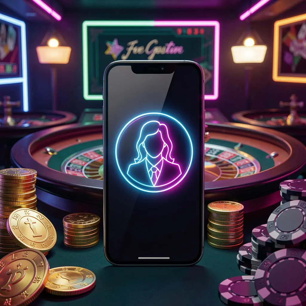 KP 1111 online casino login screen featuring a modern phone with a glowing profile icon, roulette lights in the background, golden coins and poker chips in a premium dark neon atmosphere