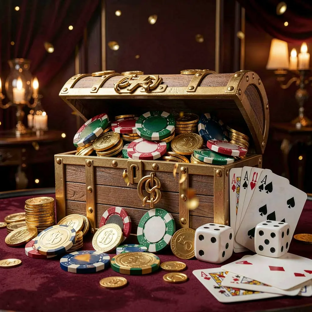 KP 1111 online casino welcome banner featuring a treasure chest filled with golden coins and casino chips, playing cards and dice nearby against a dark luxury background creating a festive premium atmosphere